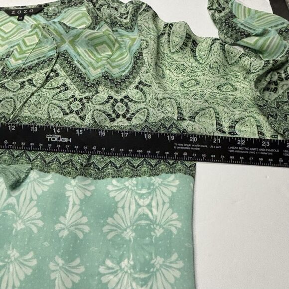 ZOZO Green Boho Print Tunic Top Tassel Tie V Neck Hi-low Hem - Picture 6 of 7